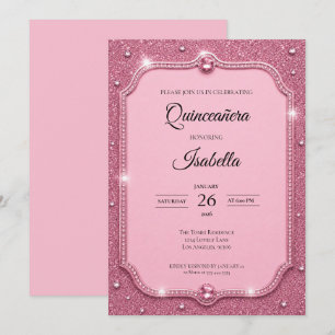 Luxury Rhinestones Pink Glitter Quinceañera Invitation