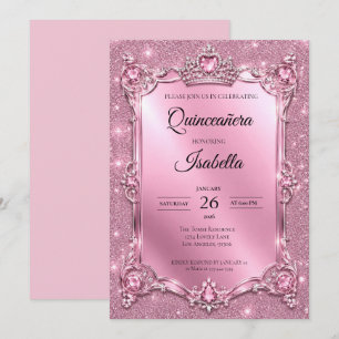 Luxury Rhinestones Pink Glitter Quinceañera Invitation