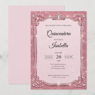 Luxury Rhinestones Pink Glitter Quinceañera Invitation