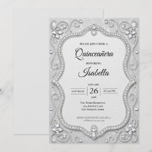 Luxury Rhinestones Silver Glitter Quinceañera Invitation
