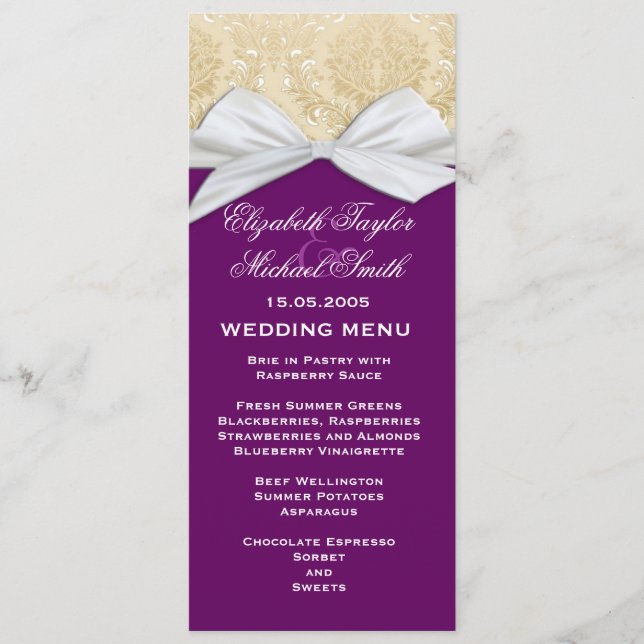 Luxury Ribbon Purple Gold Damask Wedding Menu (Front)