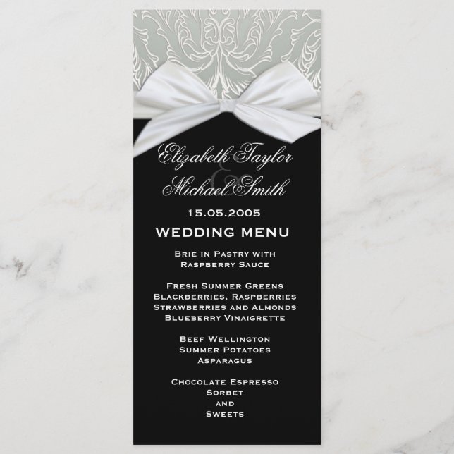 Luxury Ribbon Silver/Black Damask Wedding Menu (Front)