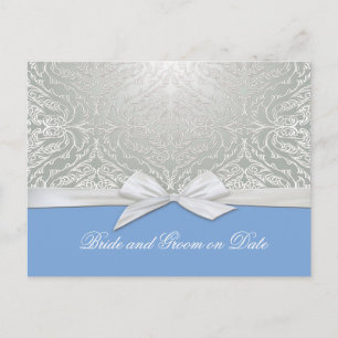Luxury Ribbon Silver/Blue Damask Save date card