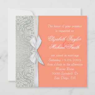 Luxury Ribbon Silver/Coral Damask Wedding Invite