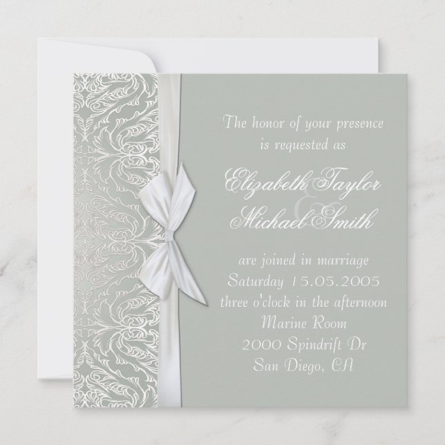 Luxury Ribbon Silver/Grey Damask Wedding Invite (Front)