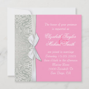 Luxury Ribbon Silver/Pink Damask Wedding Invite