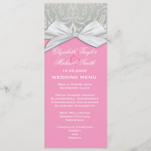 Luxury Ribbon Silver/Pink Damask Wedding Menu