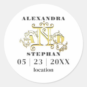 Luxury Romantic Flourish Calligraphy Wedding Gold Classic Round Sticker