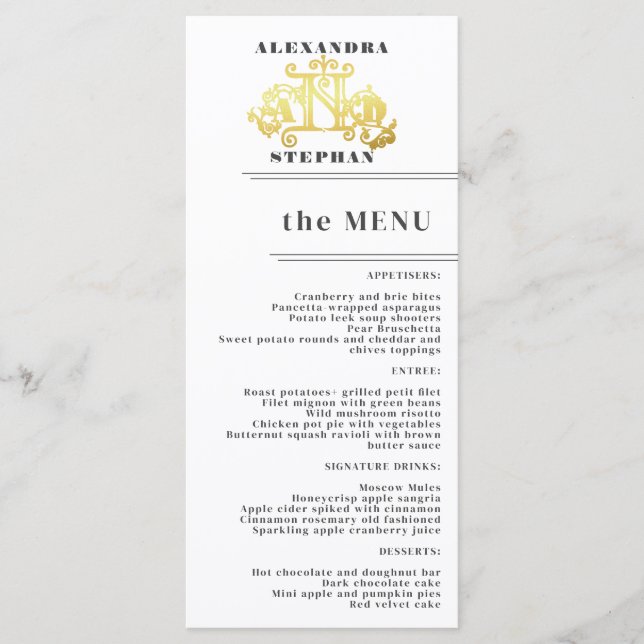 Luxury Romantic Flourish Calligraphy Wedding Gold Menu (Front)