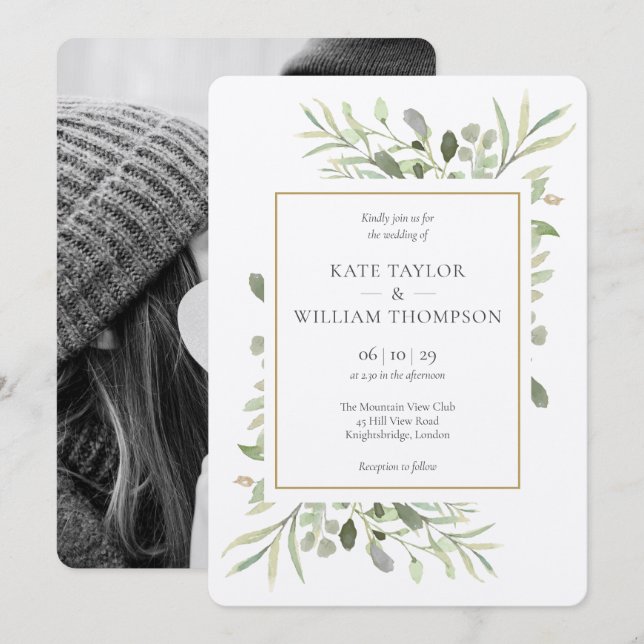Luxury Romantic Greenery Photo Wedding Invitation (Front/Back)