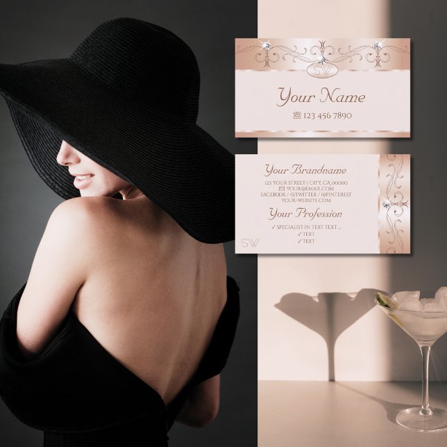 Luxury Rose Coral Ornate Sparkle Diamonds Monogram Business Card (Creator Uploaded)