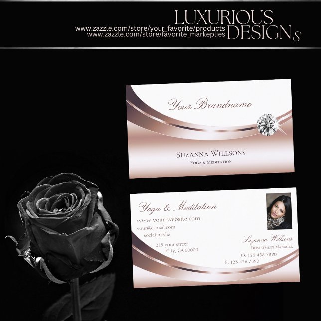 Luxury Rose Gold and White with Photo Luxe Diamond Business Card (Creator Uploaded)