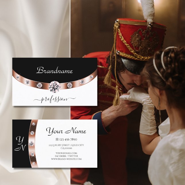 Luxury Rose Gold Black and White Initials Diamonds Business Card (Creator Uploaded)