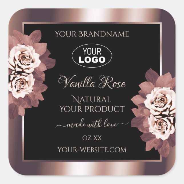 Luxury Rose Gold Black Floral Product Labels Logo (Front)