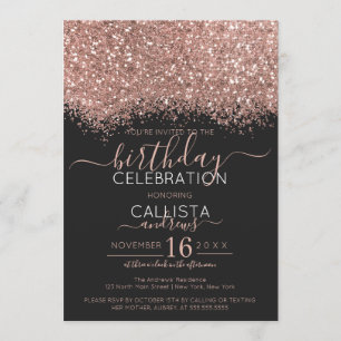 Luxury Rose Gold Black Glitter Confetti Birthday Invitation