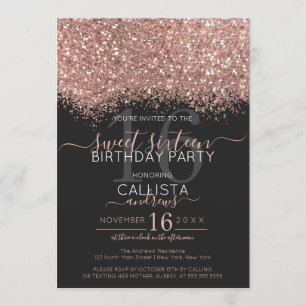 Luxury Rose Gold Black Glitter Confetti Sweet 16 Invitation