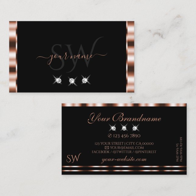 Luxury Rose Gold Black Sparkling Diamonds Initials Business Card (Front/Back)