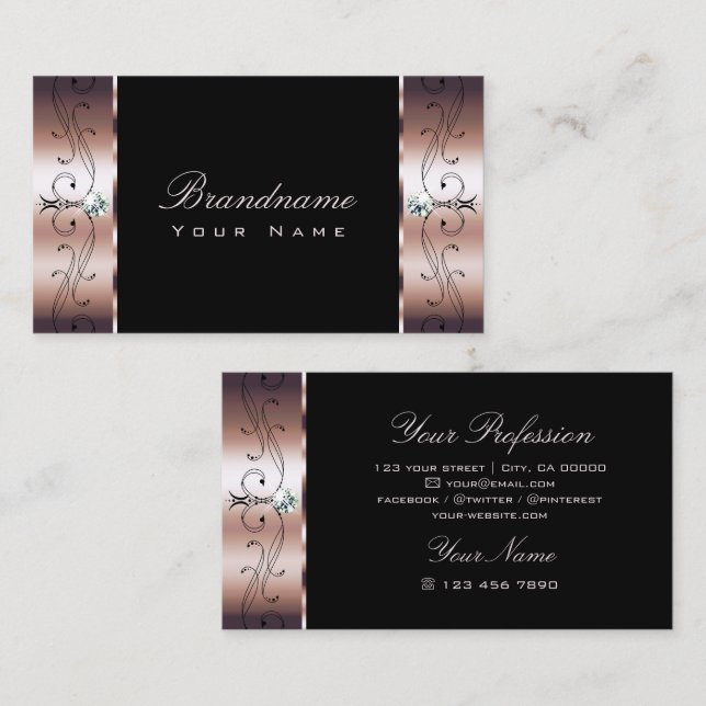 Luxury Rose Gold Black Squiggled Jewels Ornamental Business Card (Front/Back)