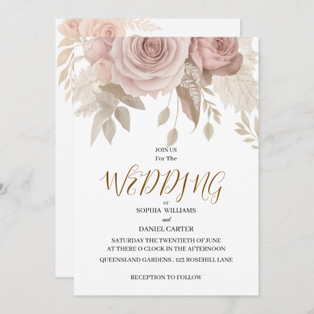 Luxury Rose Gold Blush Botanical Wedding Card (Front/Back)
