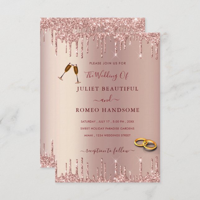 Luxury Rose Gold Blush Drips Wedding Invitation (Front/Back)