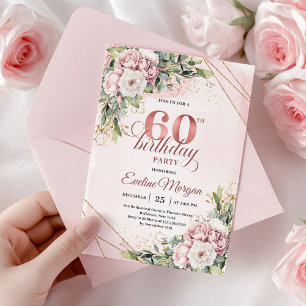Luxury Rose Gold Blush Pink Floral 60th Birthday Invitation