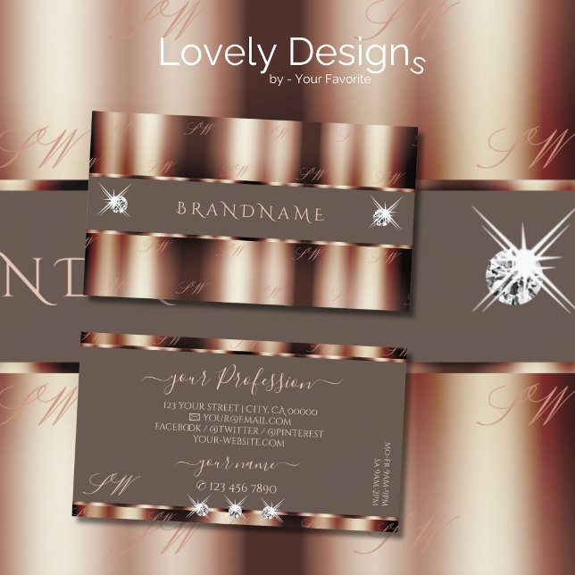 Luxury Rose Gold Brown Sparkle Diamonds Initials Business Card (Creator Uploaded)