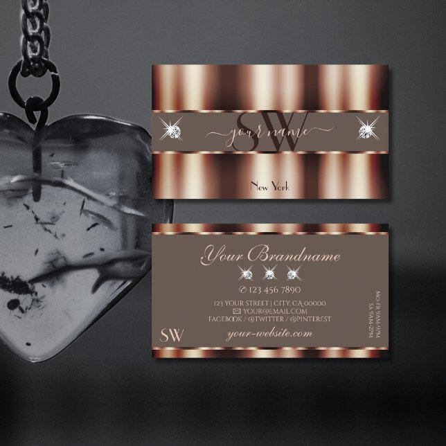 Luxury Rose Gold Brown Sparkle Diamonds Monogram Business Card (Creator Uploaded)