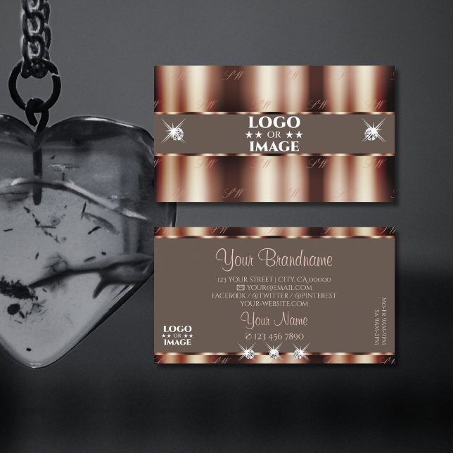 Luxury Rose Gold Brown Sparkle Diamonds with Logo Business Card (Creator Uploaded)