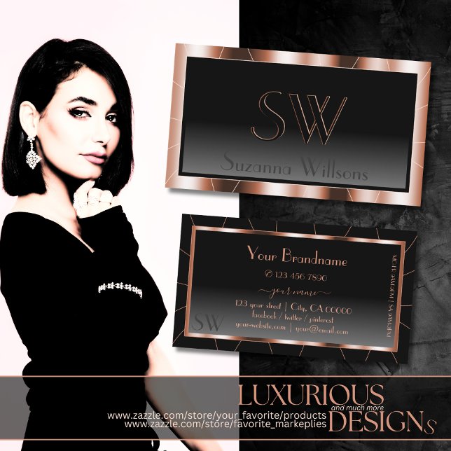 Luxury Rose Gold Chic Black Gradient with Monogram Business Card (Creator Uploaded)