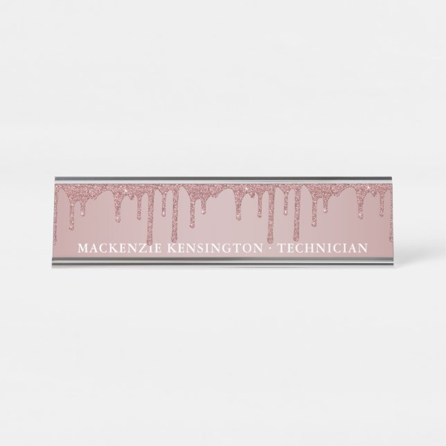 Luxury Rose Gold Dripping Glitter Desk Name Plate (Front)