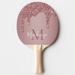Luxury Rose Gold Dripping Glitter Monogram Ping Pong Paddle