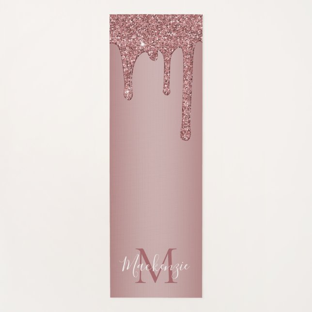 Luxury Rose Gold Dripping Glitter Monogram Yoga Mat (Front)