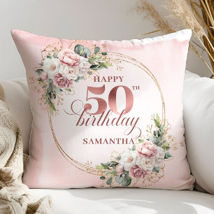 Luxury Rose Gold Floral Greenery 50th Birthday Cushion