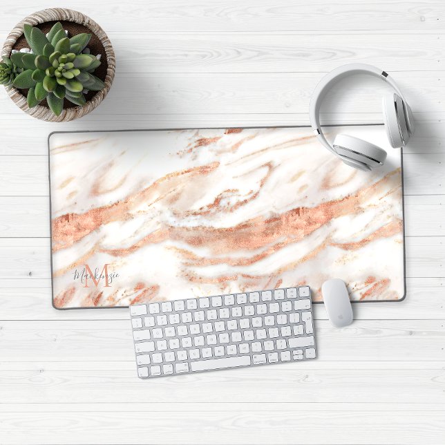 Luxury Rose Gold Foil Marble Monogram Desk Mat (Luxury Rose Gold Marble Desk Mat Mouse Pad)