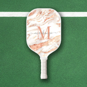 Luxury Rose Gold Foil Marble Monogram Pickleball Paddle