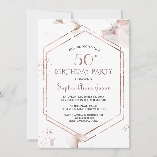 Luxury Rose Gold Frame Washes 50th Birthday Invitation (Front)