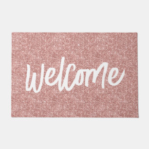 Luxury Rose Gold Glitter Brush Script Welcome Doormat