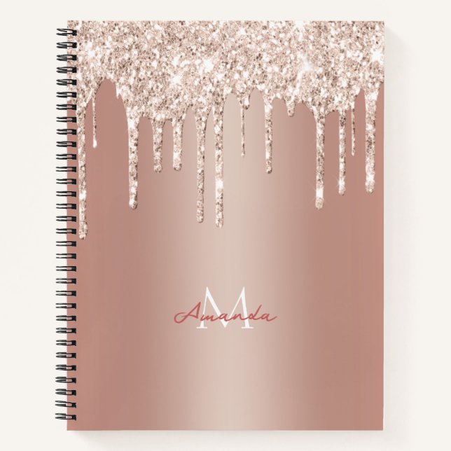 Luxury Rose Gold Glitter Drip with Name/Monogram N Notebook (Front)