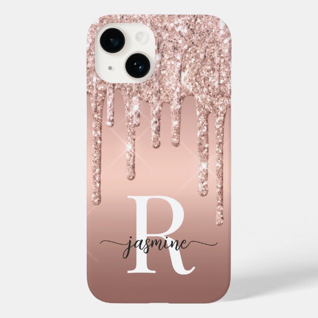 Luxury Rose Gold Glitter Drips Ombre Monogrammed Case-Mate iPhone Case (Back)