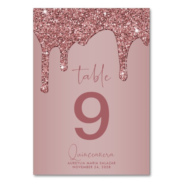 Luxury Rose Gold Glitter Drips Quinceanera Table Number (Front)
