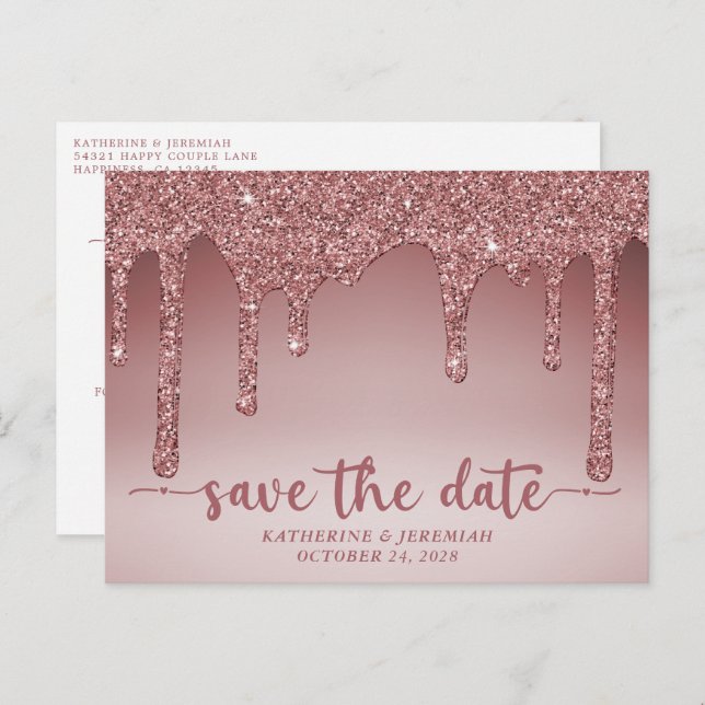 Luxury Rose Gold Glitter Drips Save The Date Announcement Postcard (Front/Back)