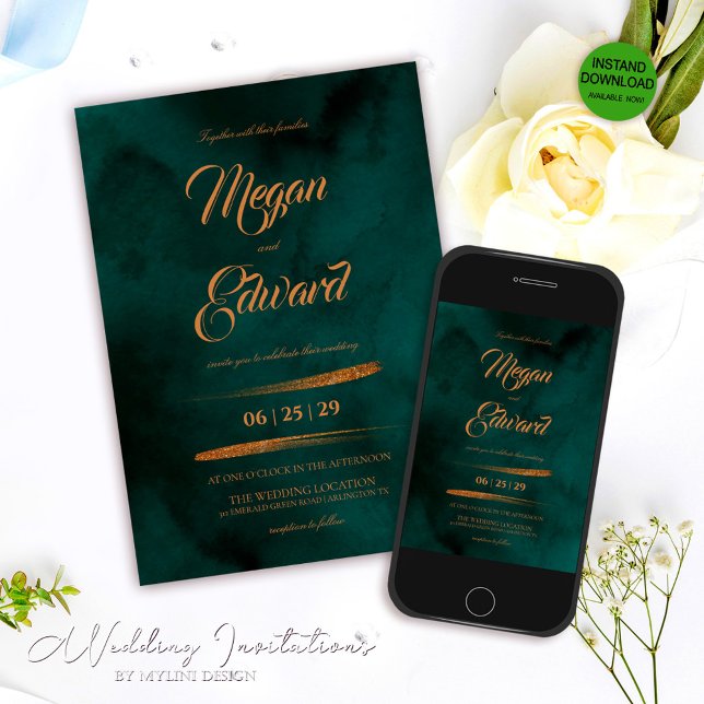 Luxury Rose Gold Glitter Emerald Green Wedding Invitation (Creator Uploaded)