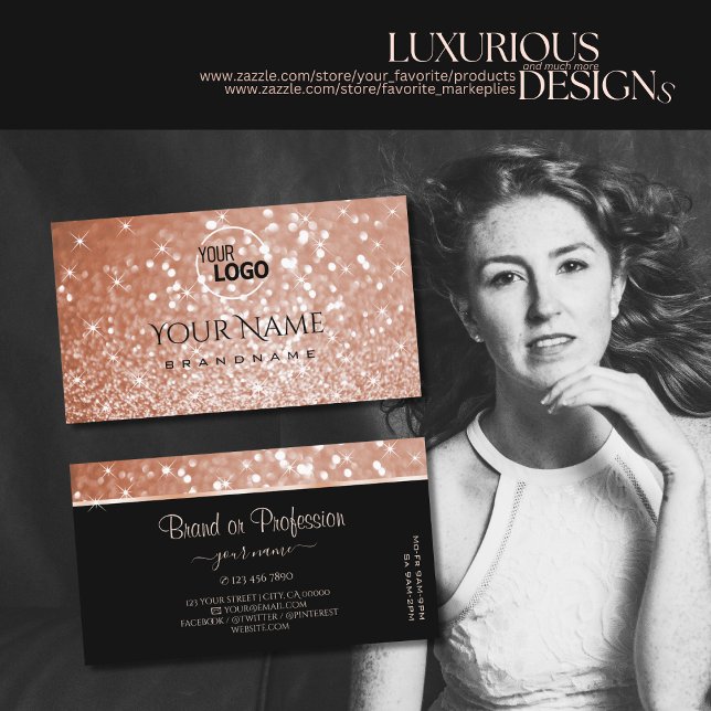 Luxury Rose Gold Glitter Luminous Stars add Logo Business Card (Creator Uploaded)