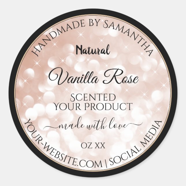 Luxury Rose Gold Glitter Product Packaging Labels (Front)
