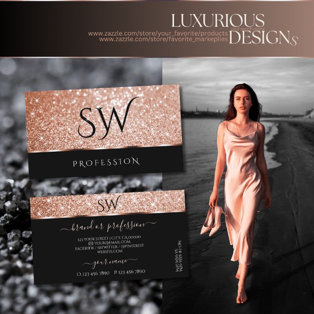 Luxury Rose Gold Glitter Stars Chic Black Monogram Business Card (Creator Uploaded)