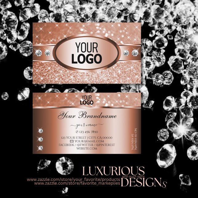 Luxury Rose Gold Glitter Stars Diamonds and Logo Business Card (Creator Uploaded)