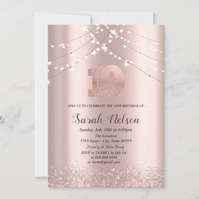 Luxury Rose Gold Glitter String Lights Invitation (Front)