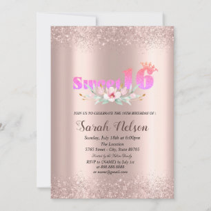 Luxury Rose Gold Glitter Watercolor Flower 16 Invitation
