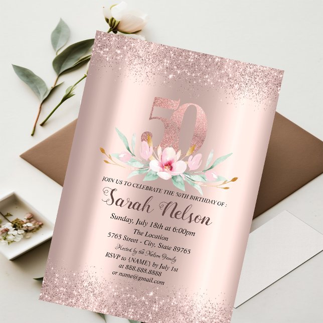 Luxury Rose Gold Glitter Watercolor Flower 50th Invitation (Creator Uploaded)