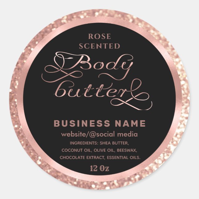 Luxury rose gold glittery script body butter label (Front)